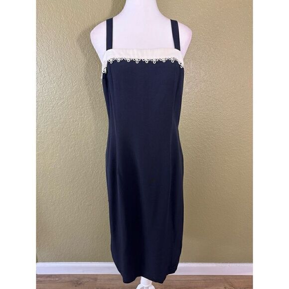 Vintage Women's Size 7/8 Square Neck Lace Trim Midi Dress Navy Blue White Summer - Picture 1 of 5